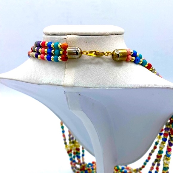 Boho Multi Colored , Multi Layered, Gold Toned Small Beaded Necklace 30” Long - Picture 3 of 6